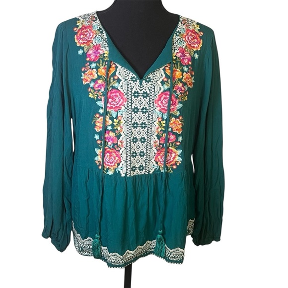 Savanna Jane Tops - Savanna Jane Blouse Sz L Rayon Embroidered Boho Peasant Cottagecore Floral Teal